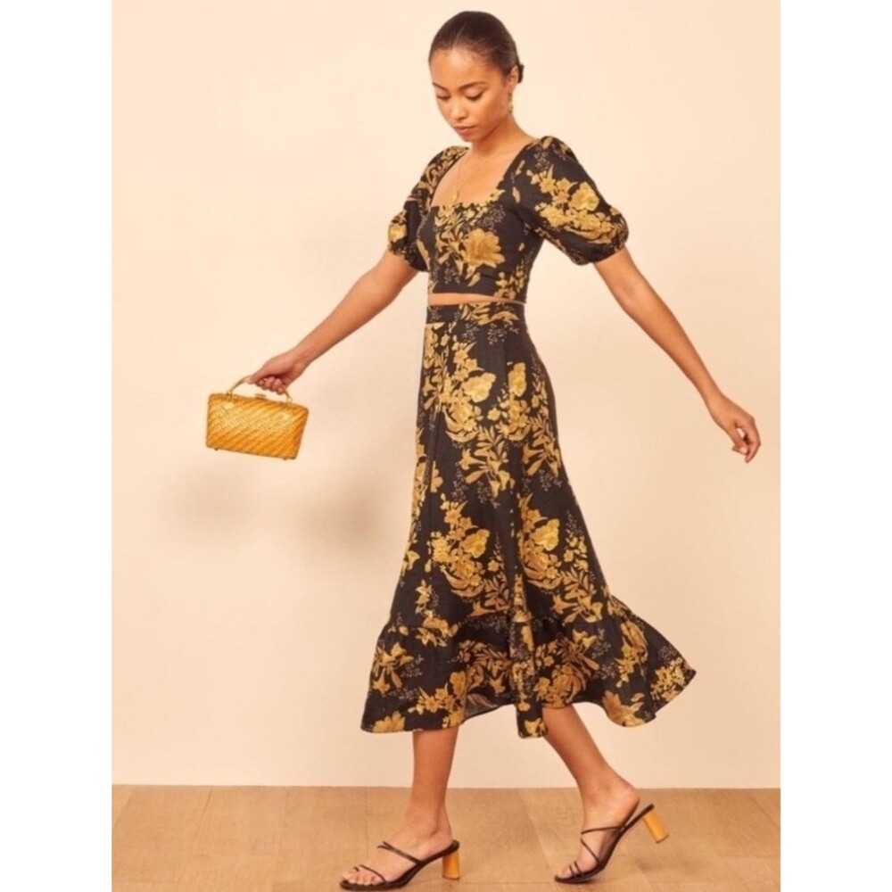 Reformation Black Yellow Floral 100% Linen Maxi Set Size 0 Boho Romantic Date